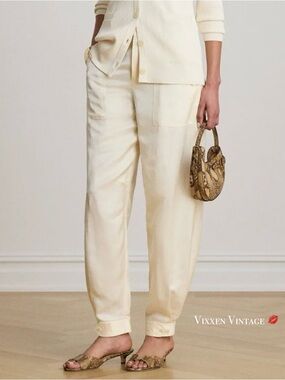 RALPH LAUREN COLLECTION 1995 MID-RISE TAILORED LINEN CARGO ANKLE PANTS IN IVORY